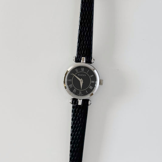 Gucci 1990s Black Round Dial Silver Watch
