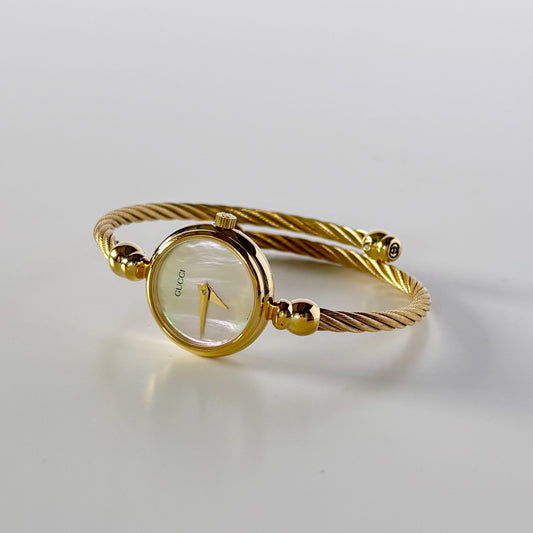 Gucci 1990s Seashell Dial Gold Plated Cable Bangle Watch