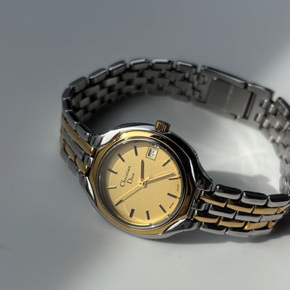Dior 1990s Date Round Dial Two Tone Watch