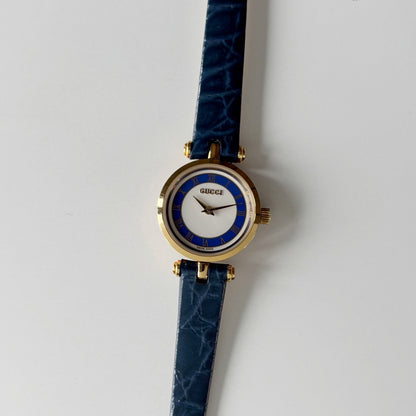 Gucci 1990s Blue Round Dial Gold Plated Watch
