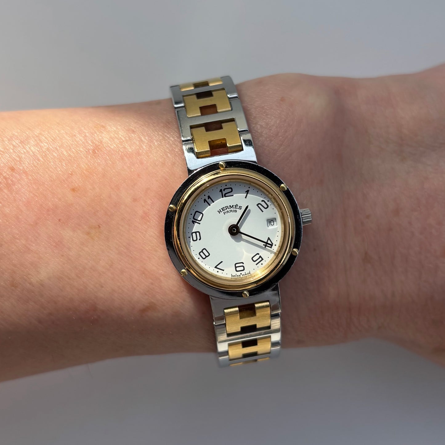Hermes 1990s Clipper Date Round Dial Two Tone Watch