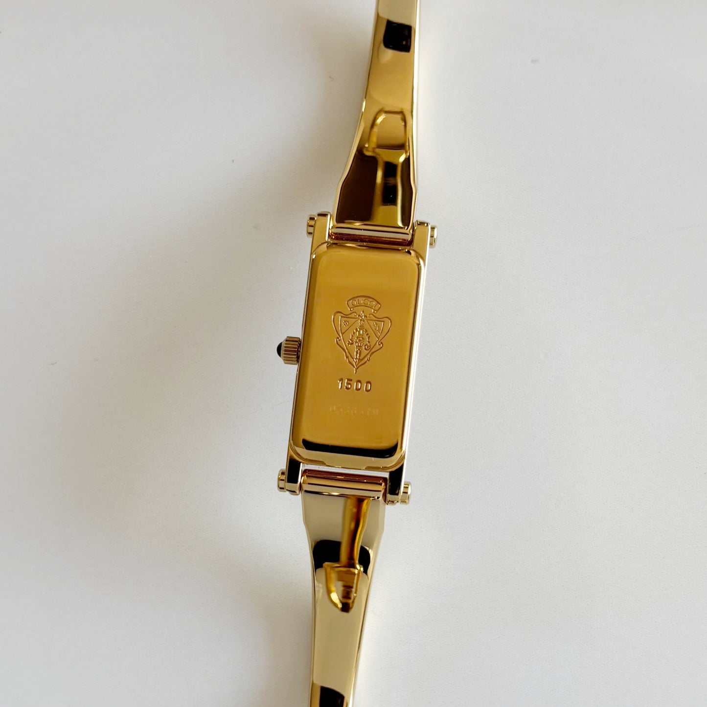 Gucci 1990s Rectangular Dial Gold Plated Bangle Watch