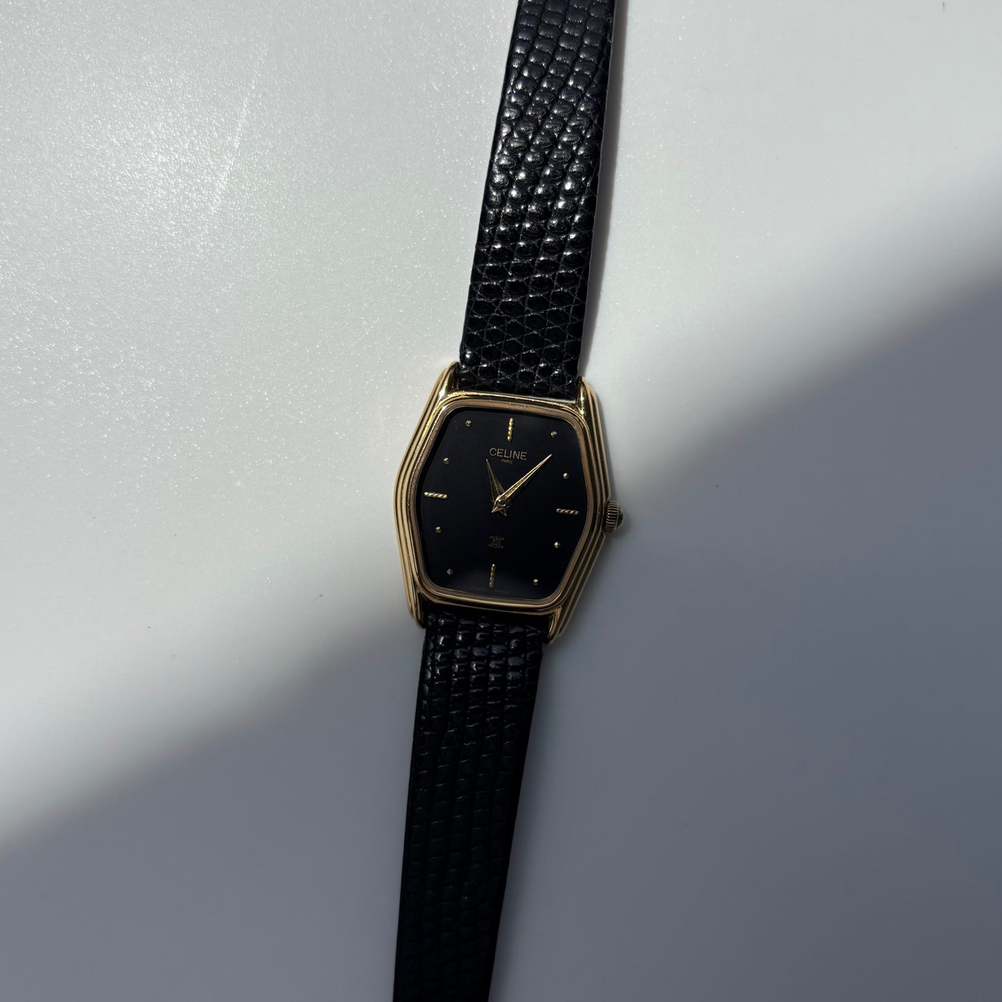 Celine 1980s Black Dial Gold Plated Watch