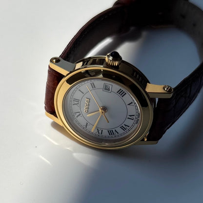 Gucci 1990s Date Round Dial Gold Plated Watch