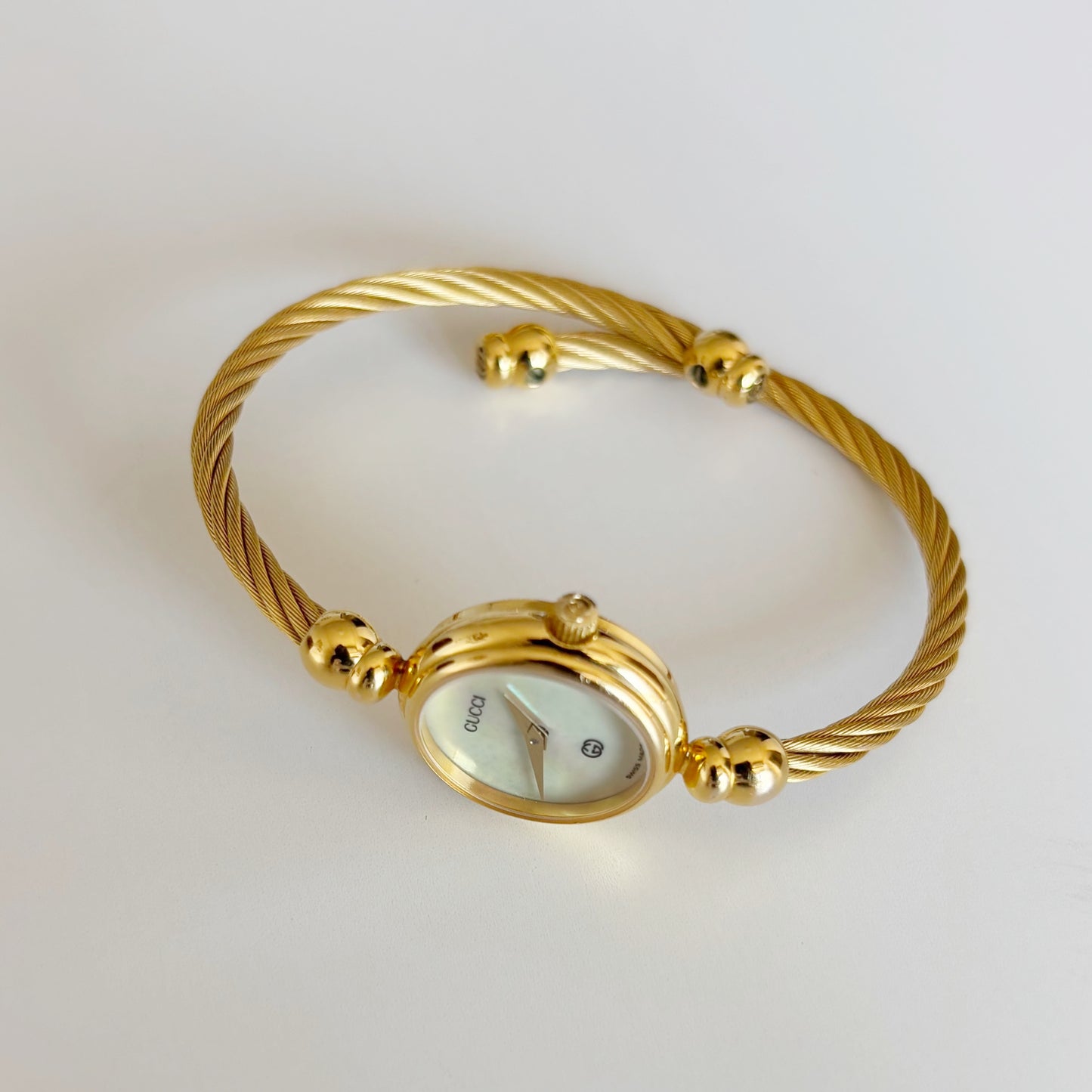 Gucci 1990s Seashell Dial Cable Gold Plated Bangle Watch