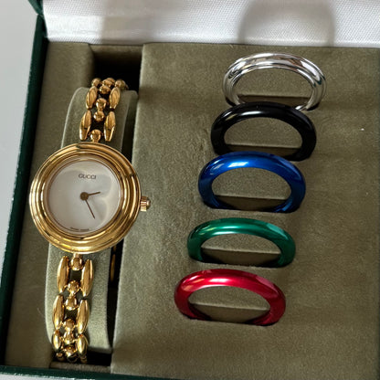 Gucci 1990s Interchangeable Bezel Gold Plated Watch with 6 bezels, case (167mm)