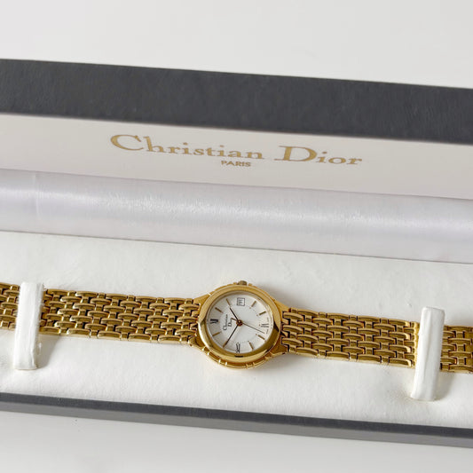 Dior 1990s Date Gold Plated Round Watch