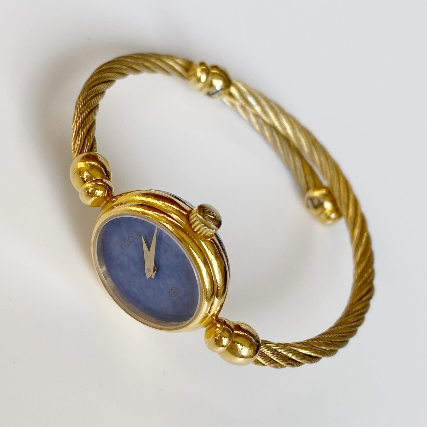 Gucci 1990s Blue Dial Gold Plated Cable Bangle Watch