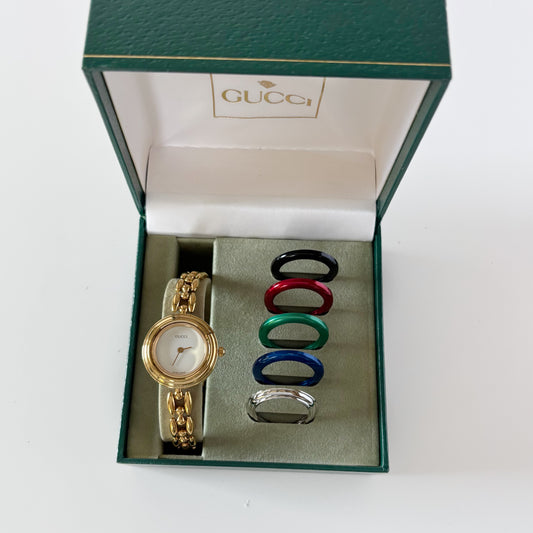 Gucci 1990s Interchangeable Bezel Gold Plated Watch with 6 bezels, case (160mm)