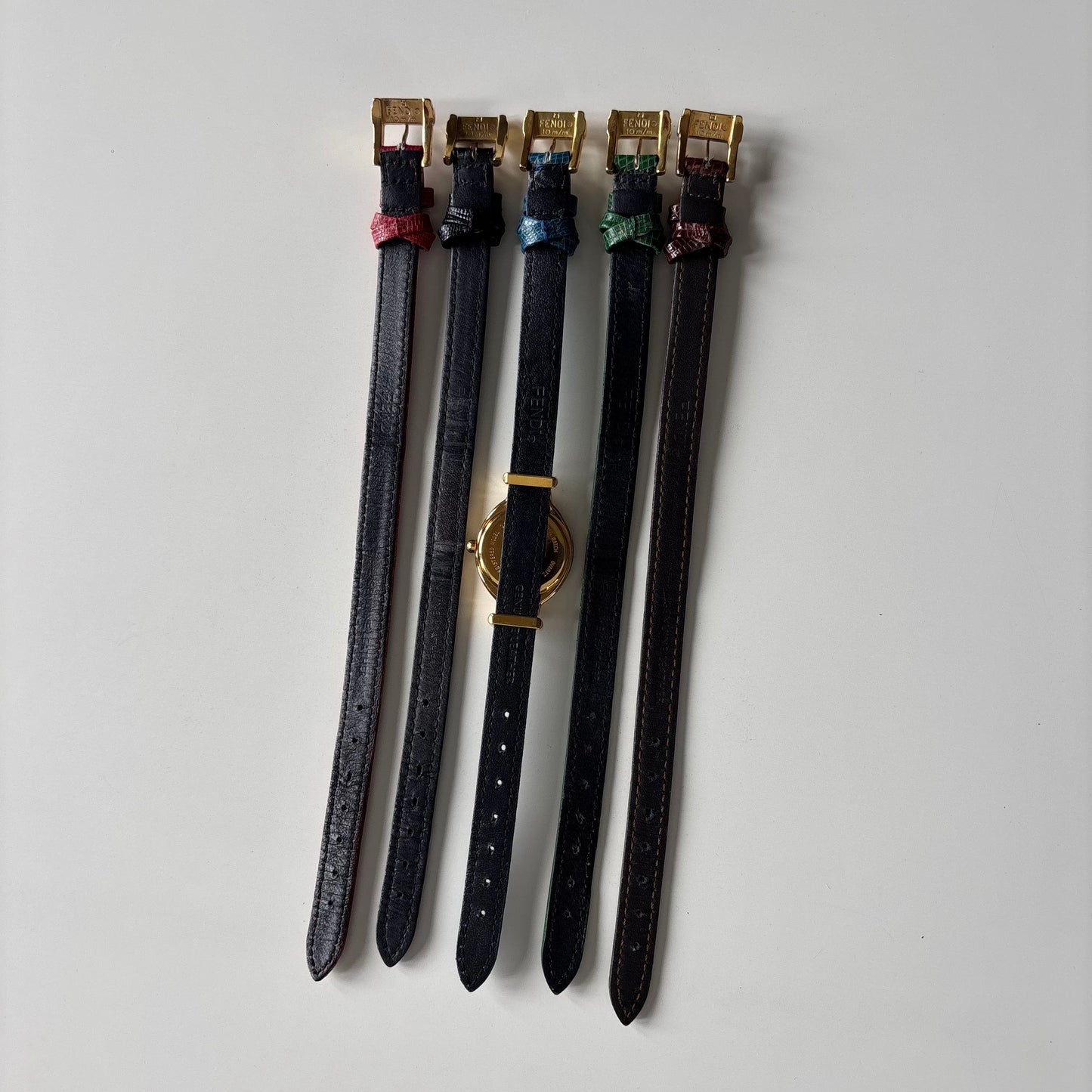 Fendi 1990s Interchangeable Strap Gold Plated Watch with 5 straps, case