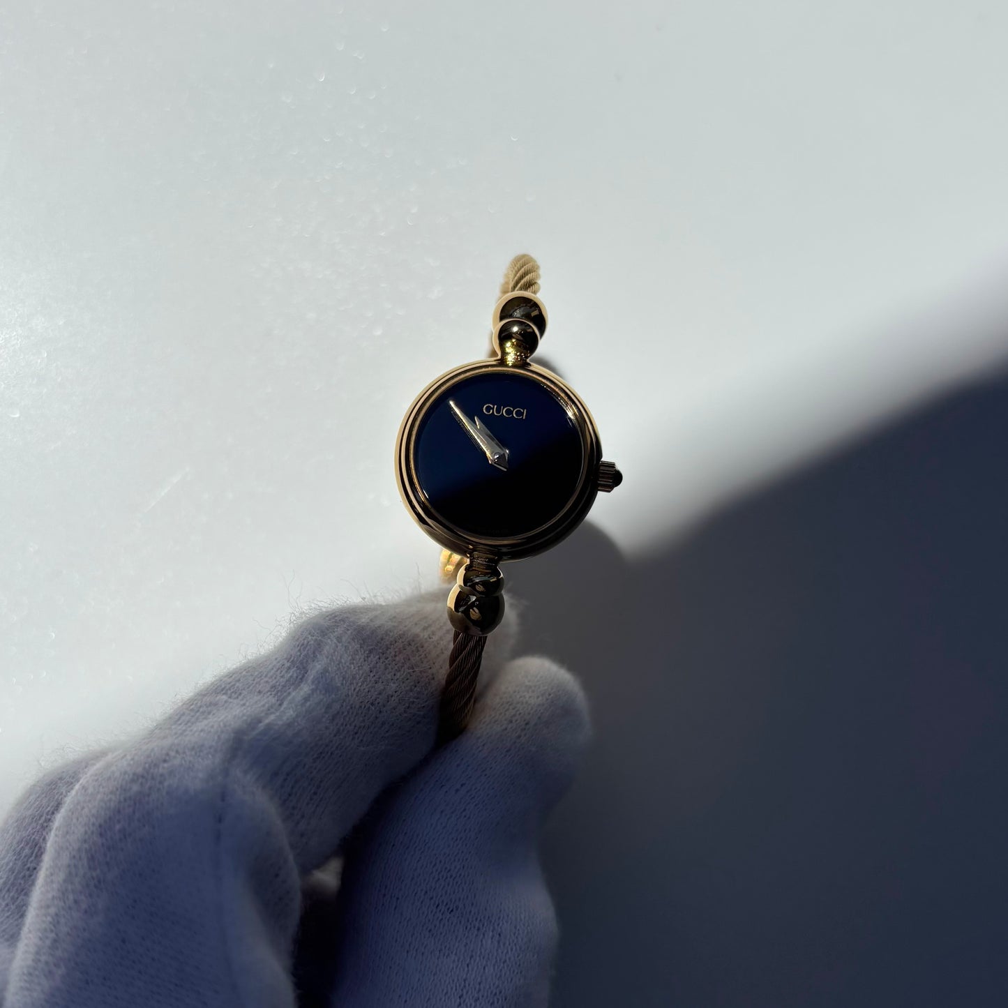 Gucci 1990s Black Dial Gold Plated Cable Bangle Watch