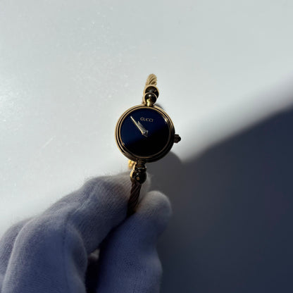 Gucci 1990s Black Dial Gold Plated Cable Bangle Watch