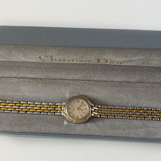Dior 1990s Date Round Dial Two Tone Gold Plated Watch