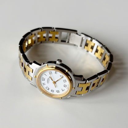 Hermes 1990s Clipper Date Round Dial Two Tone Gold Plated Watch