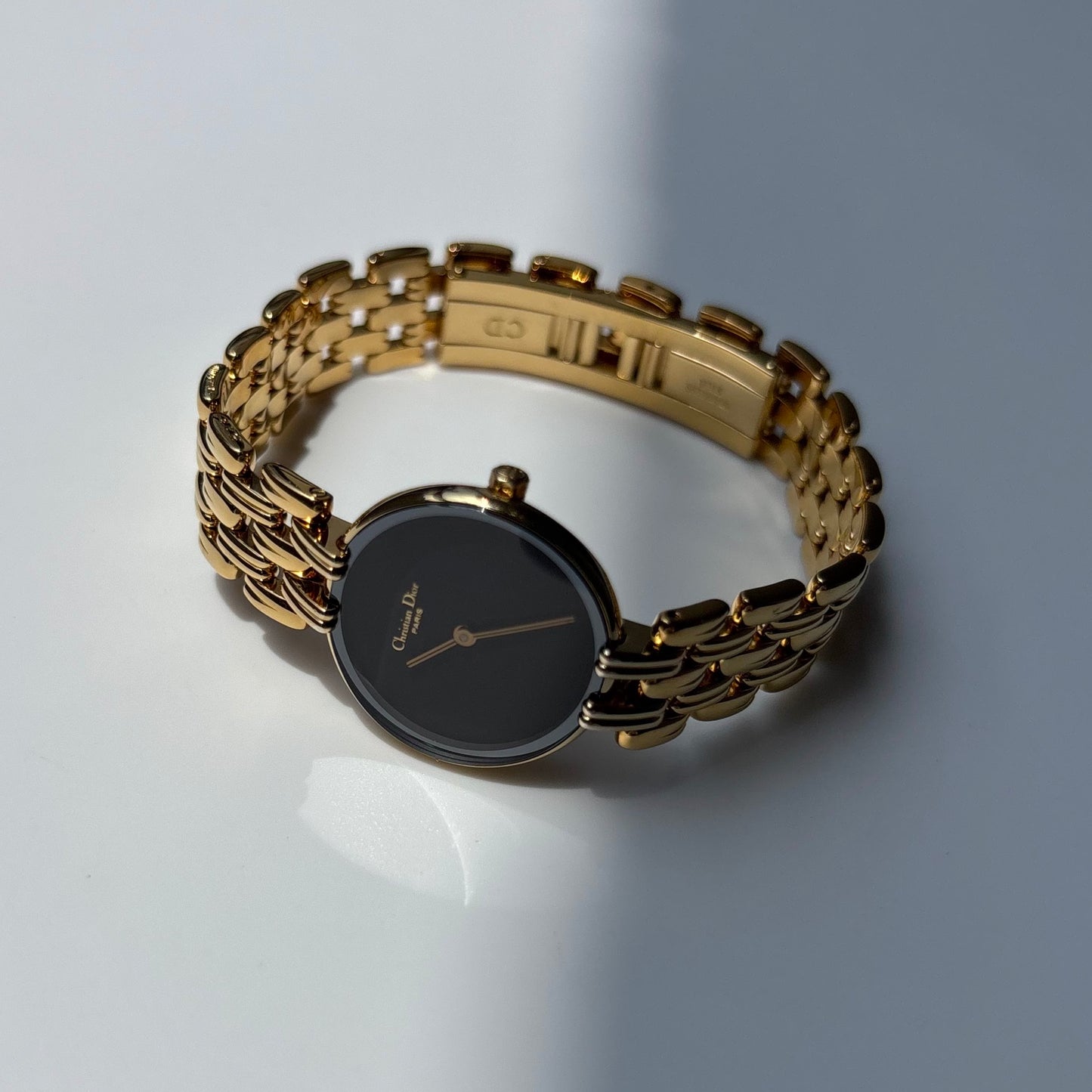 Dior 1990s Bagheera Black Dial Gold Plated Round Watch