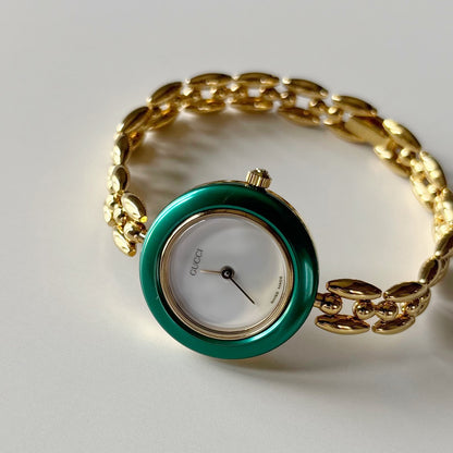 Gucci 1990s Interchangeable Bezel Gold Plated Rice Chain Watch with case, 6 bezels (160mm)