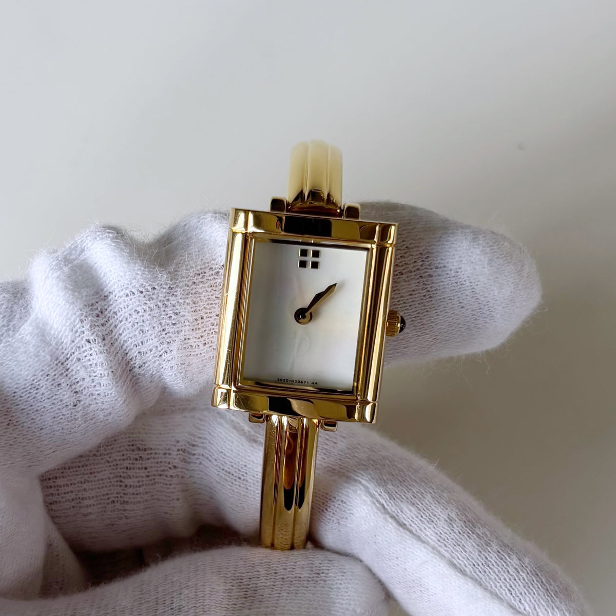 Yves Saint Laurent 1990s Seashell Dial Gold Plated Bangle Watch
