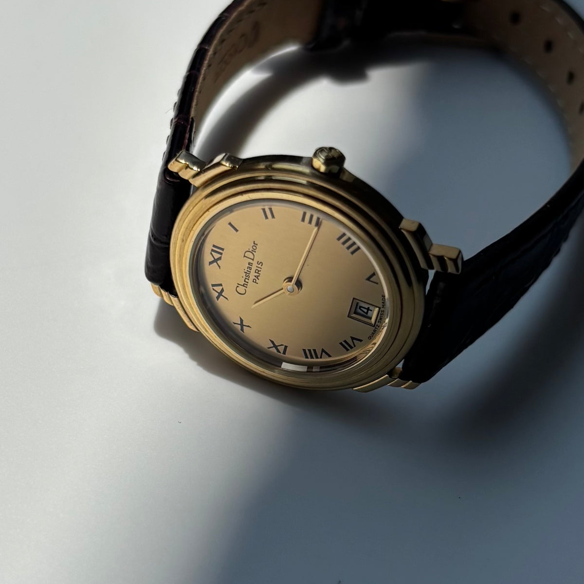 Dior 1990s Date Gold Round Dial Gold Plated Watch