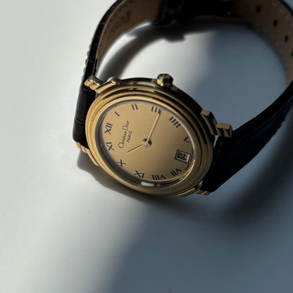 Dior 1990s Date Gold Round Dial Gold Plated Watch