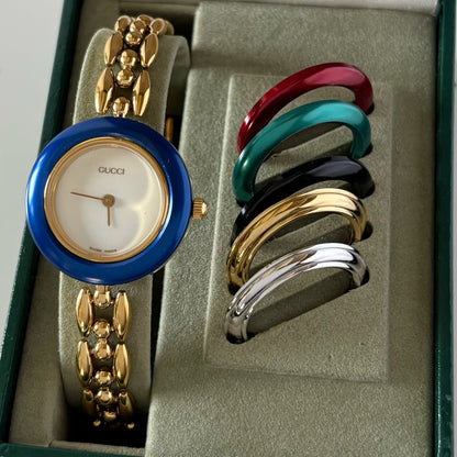 Gucci 1990s Interchangeable Bezel Gold Plated Rice Chain Watch with 6 bezels, case (165mm)
