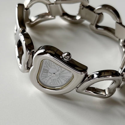 Yves Saint Laurent 1990s Heart Shaped Dial Band Silver Watch