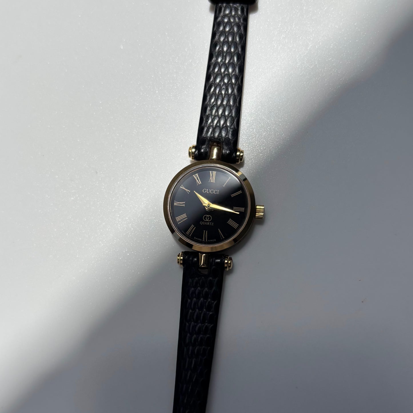 Gucci 1980s Black Round Dial Gold Plated Watch