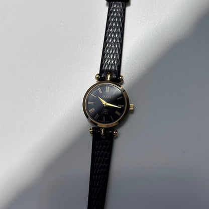 Gucci 1980s Black Round Dial Gold Plated Watch
