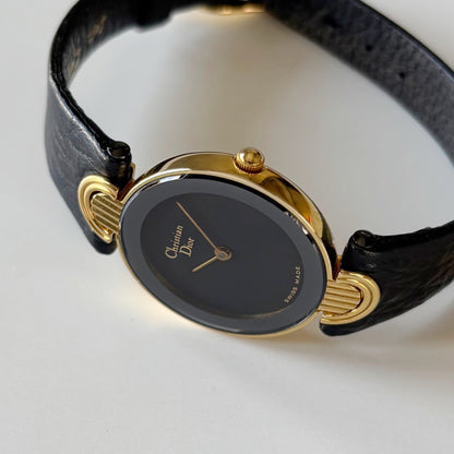 Dior 1990s Black Round Dial Gold Plated Watch