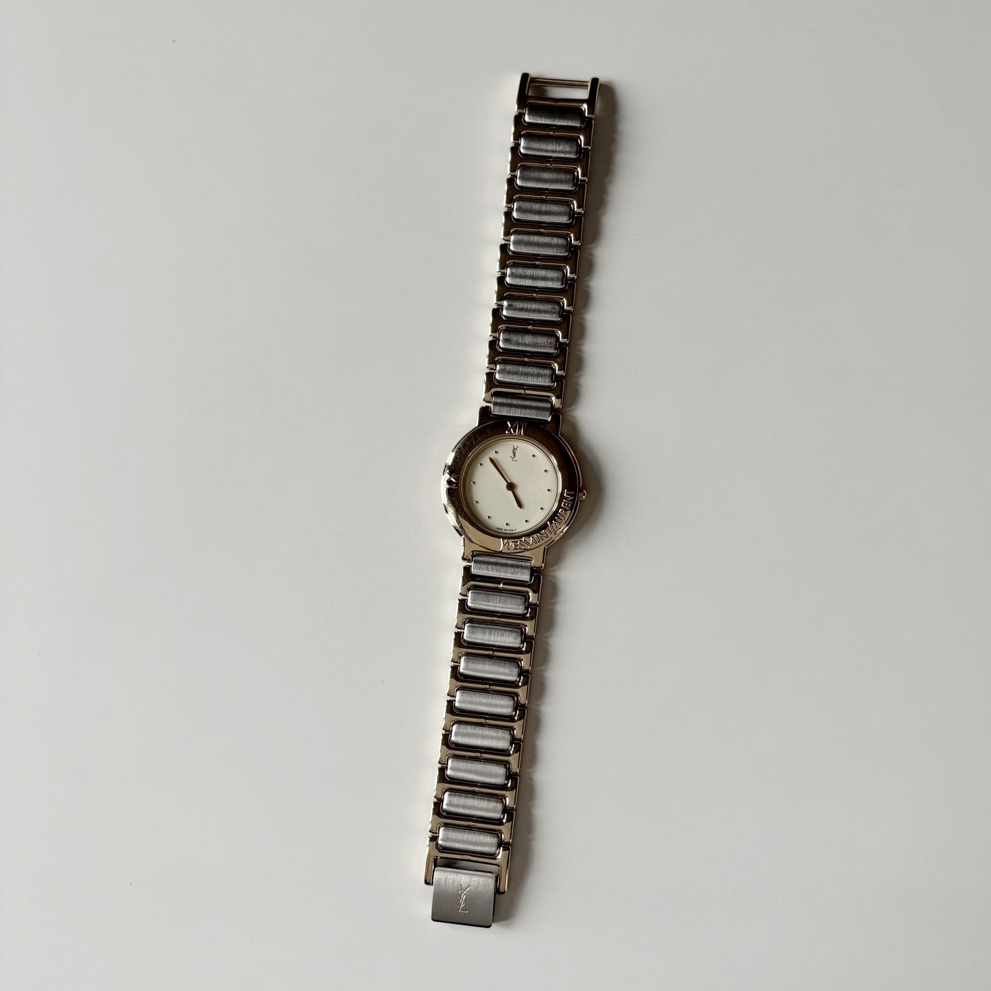 Yves Saint Laurent 1990s Cream Round Dial Two Tone Watch (Large)