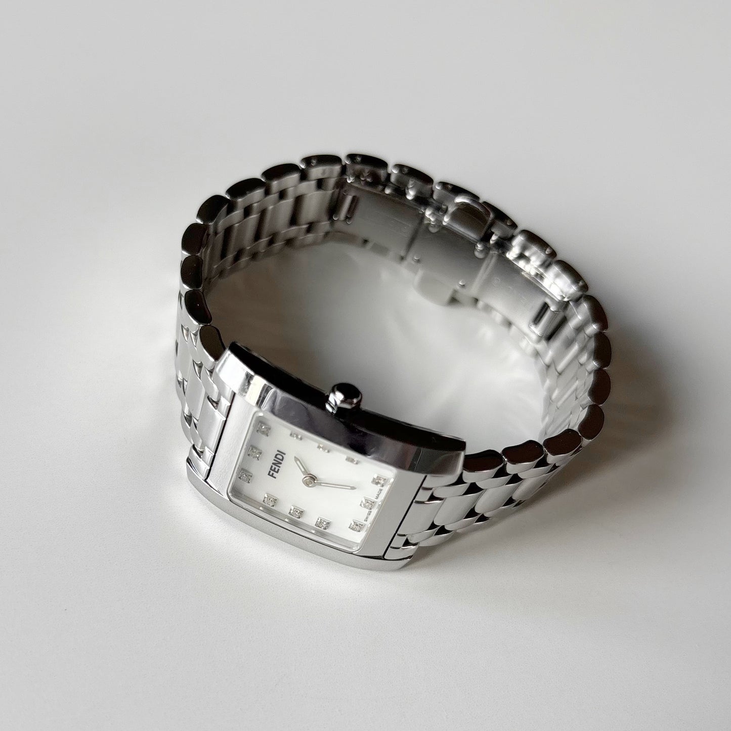 Fendi 1990s Seashell Dial Tank Silver Watch