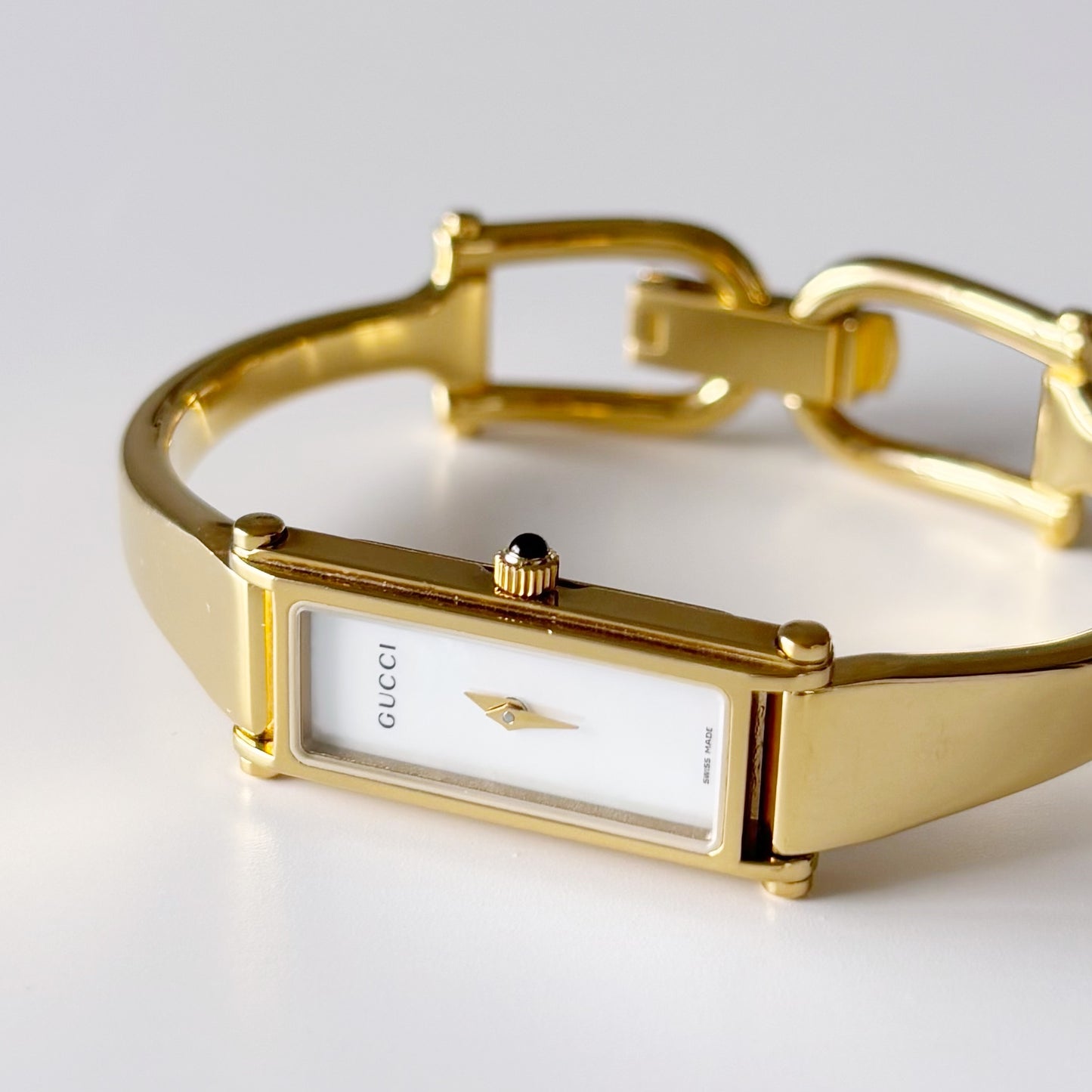 Gucci 1990s Seashell Dial Rectangular Gold Plated Bangle Watch
