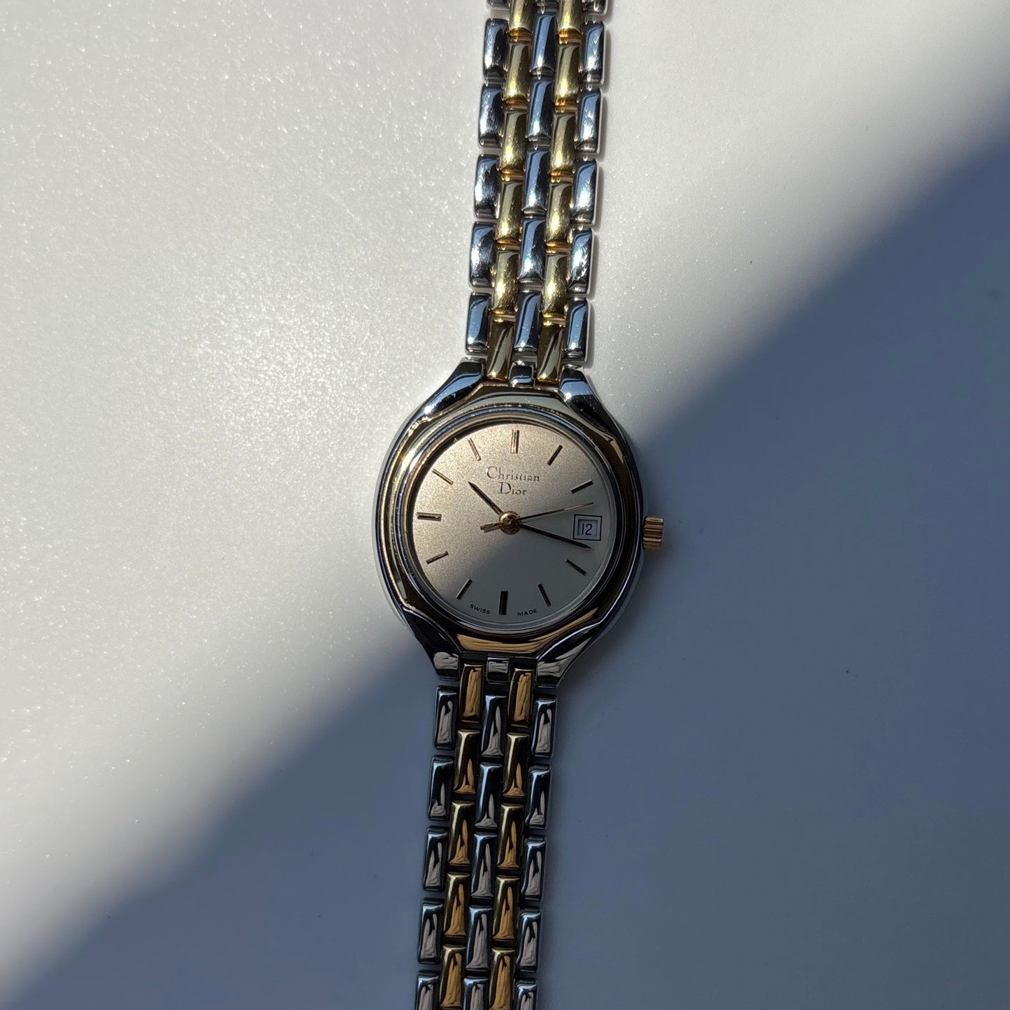 Dior 1990s Date Round Dial Two Tone Gold Plated Watch
