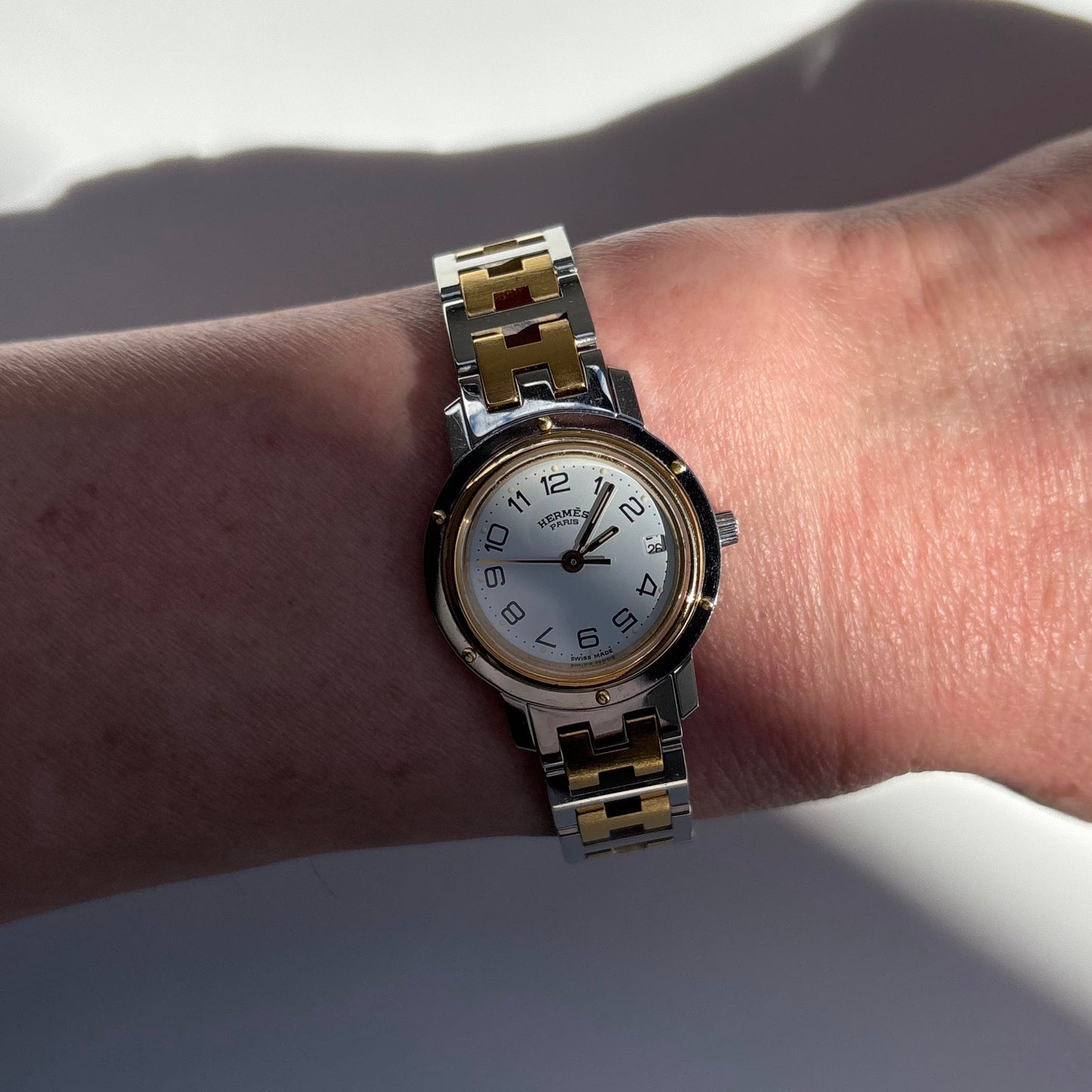 Hermes 1990s Clipper Date Round Dial Two Tone Gold Plated Watch