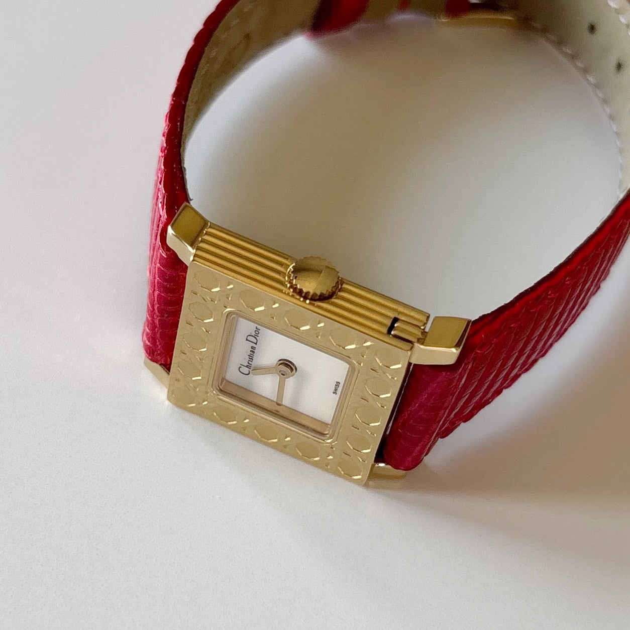 Dior 1990s La Parisienne Interchangeable Strap Square Dial Gold Plated Watch with 3 straps, case