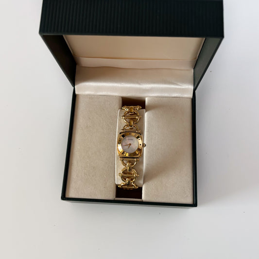 Gucci 1990s Seashell Dial Horsebit Gold Plated Watch