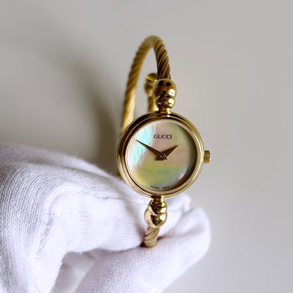 Gucci 1990s Seashell Dial Gold Plated Cable Bangle Watch