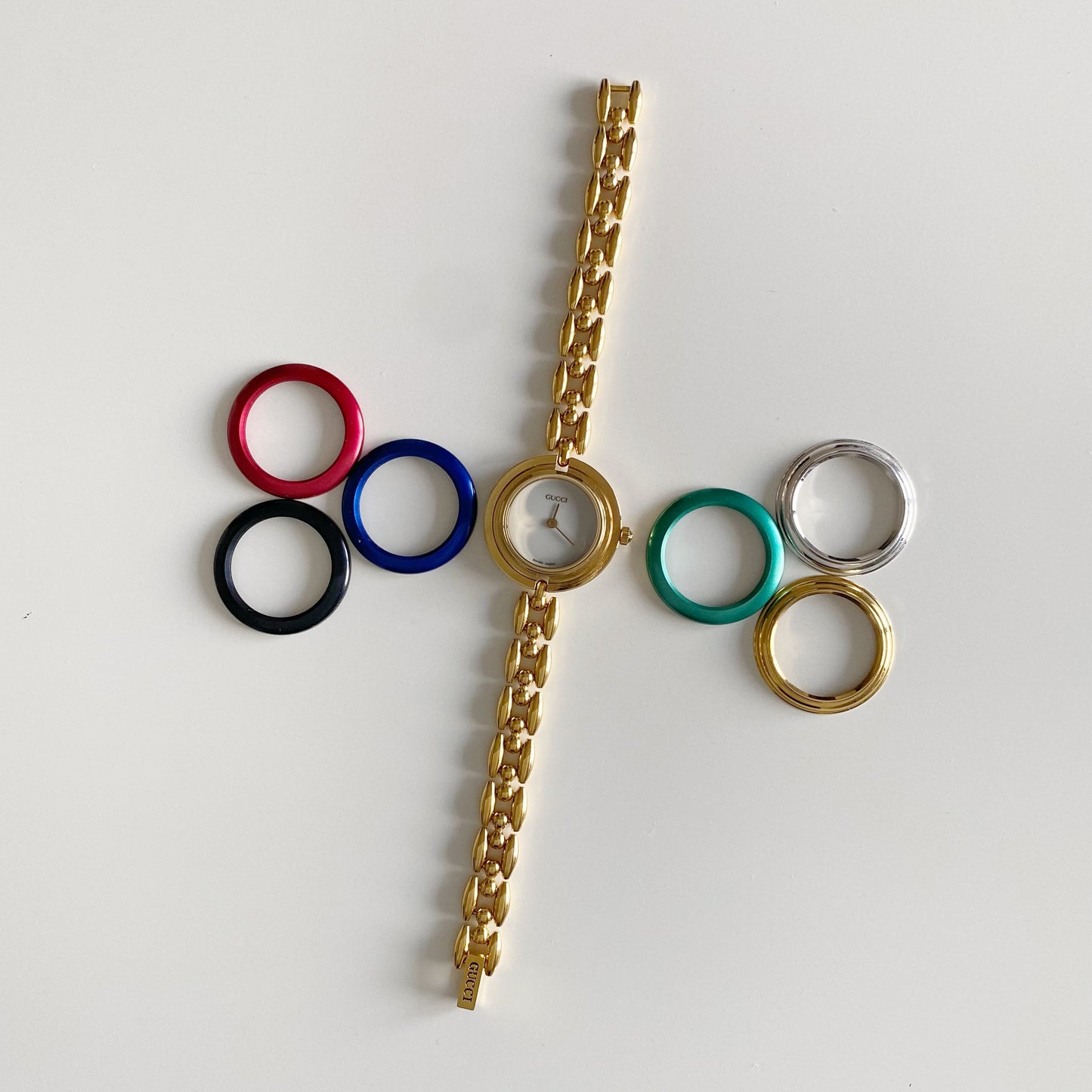 Gucci 1990s Interchangeable Bezel Gold Plated Watch with 6 bezels, case (160mm)