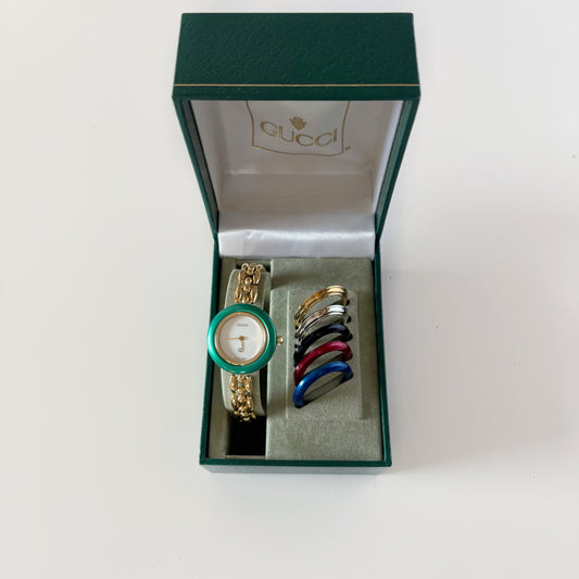 Gucci 1990s Interchangeable Bezel Gold-Plated Rice Chain Watch with Six Bezels and Case (160mm)