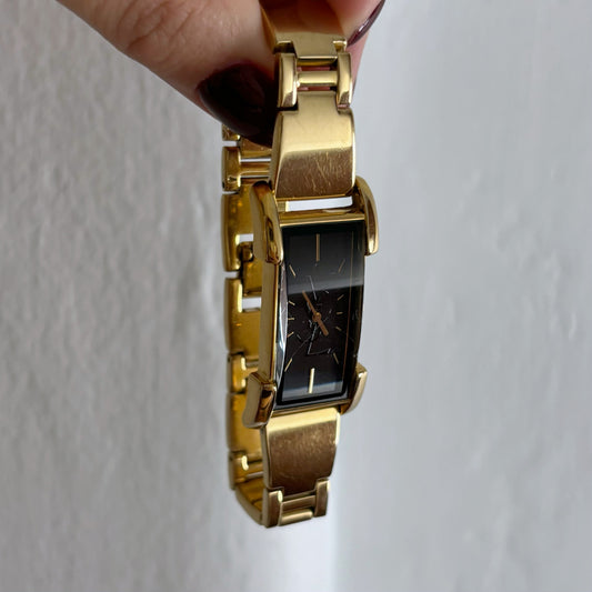 Yves Saint Laurent 1990s YSL Logo Gold Black Rectangular Watch