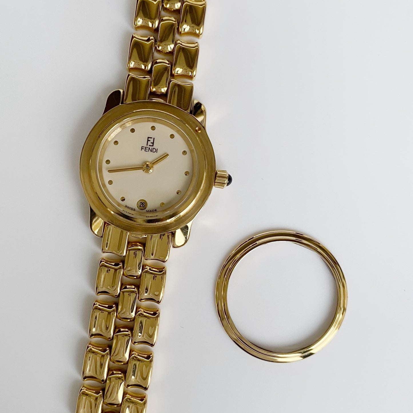 Fendi 1990s Interchangeable Bezel Round Gold Plated Watch with 3 bezels, case