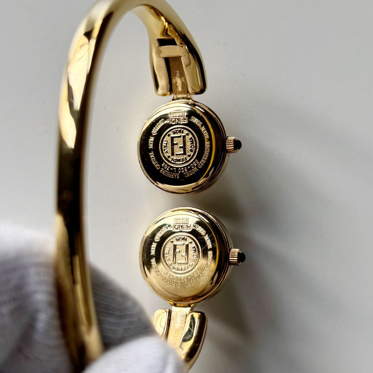 Fendi 1990s Seashell Dial Two Time Zone Gold Plated Bangle Watch