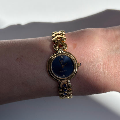 Givenchy 1990s Navy Round Dial Gold Plated Watch
