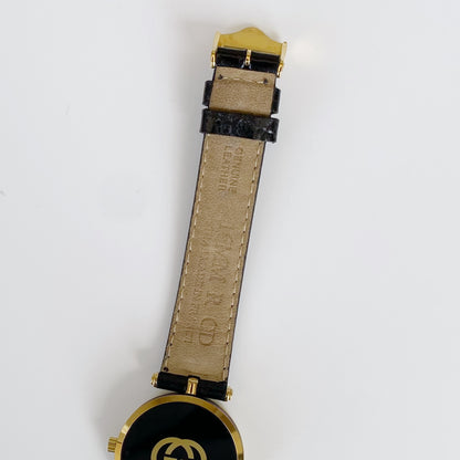 Gucci 1990s Black Dial Gold Plated Black Leather Watch