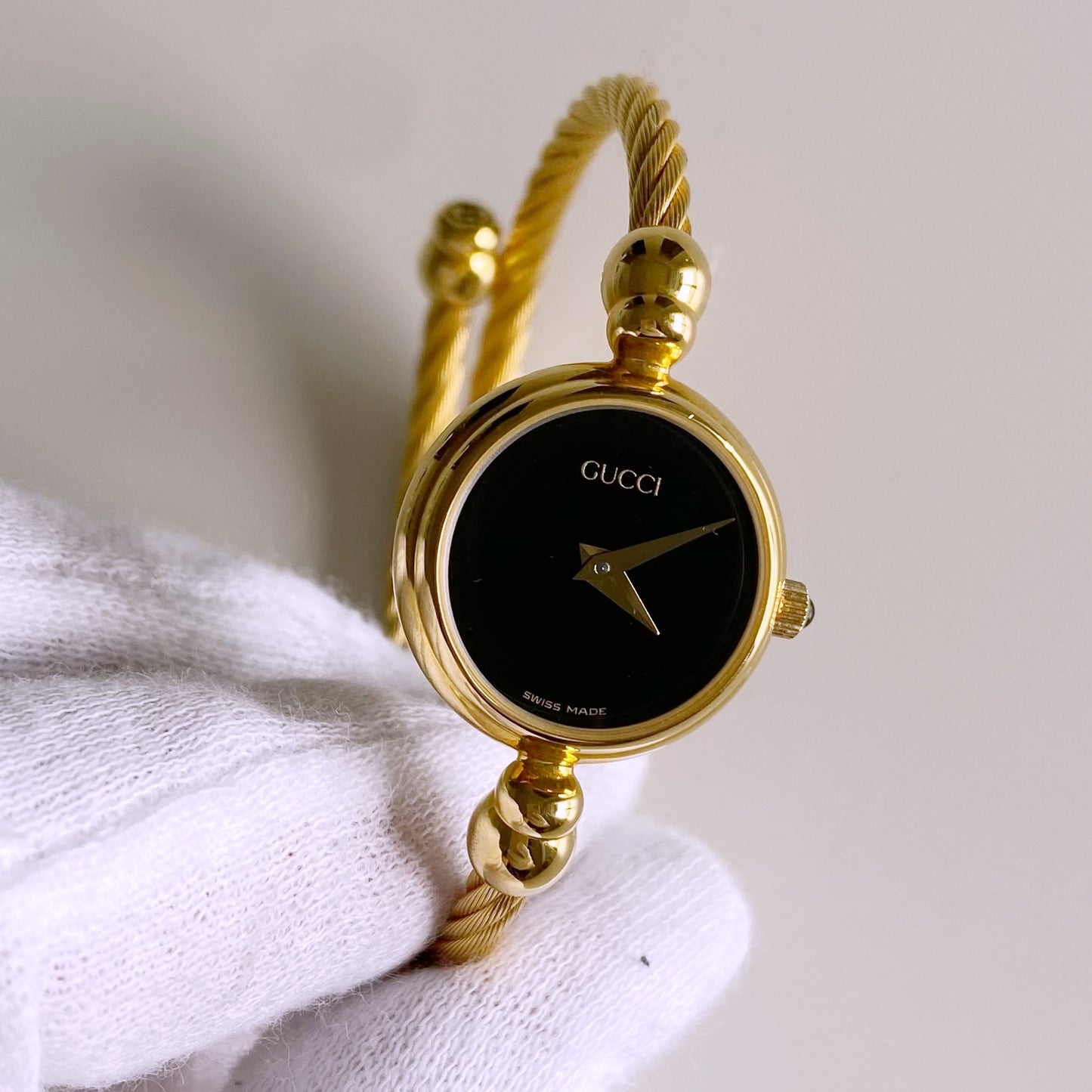 Gucci 1990s Black Dial Gold Plated Cable Bangle Watch