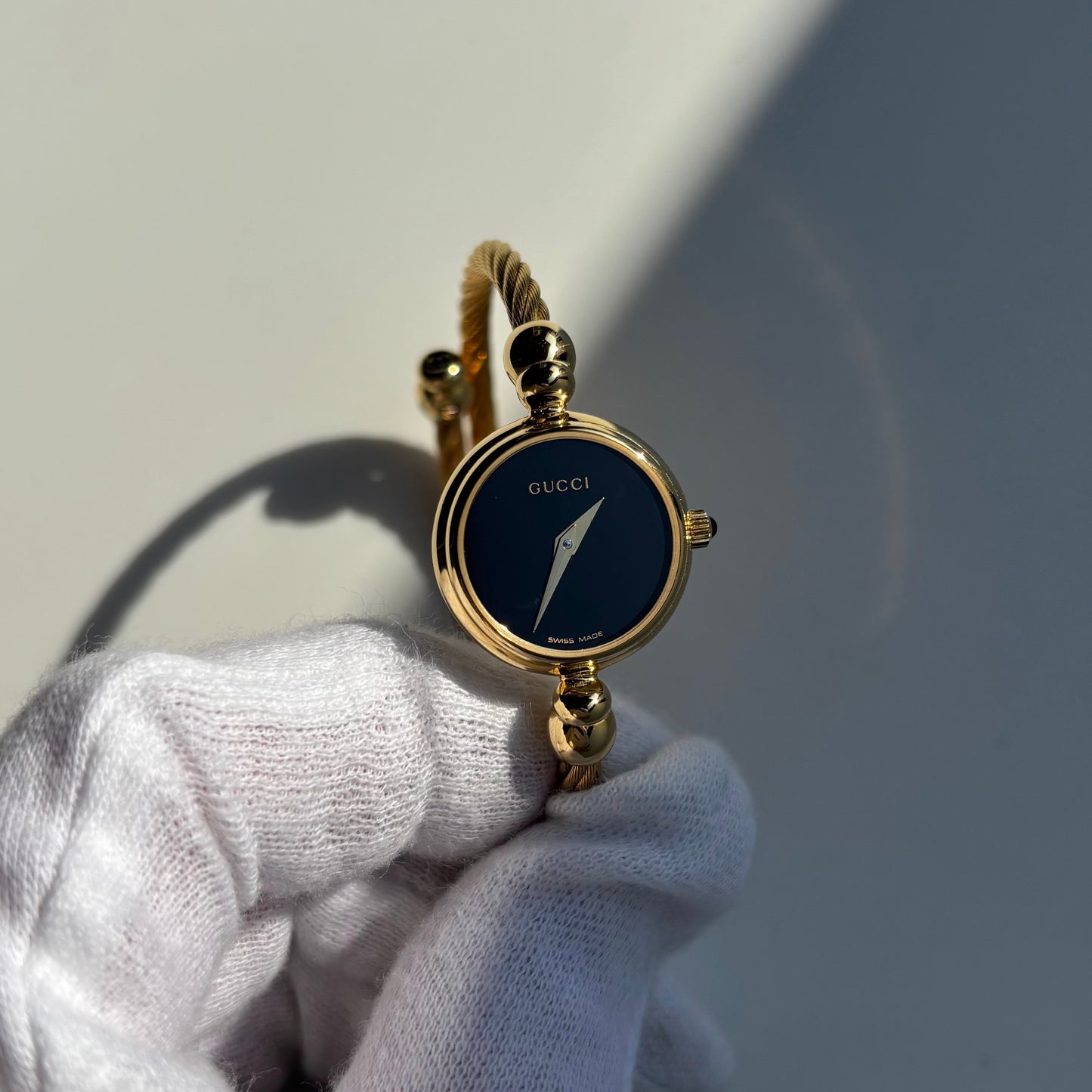 Gucci 1990s Black Dial Gold Plated Cable Band Bangle Watch