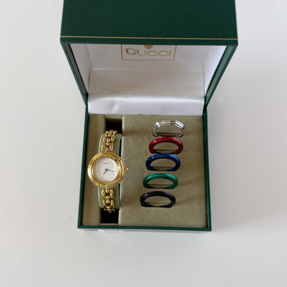 Gucci 1990s Interchangeable Bezel Gold Plated Race Chain Watch with case, 6 bezels (160mm)