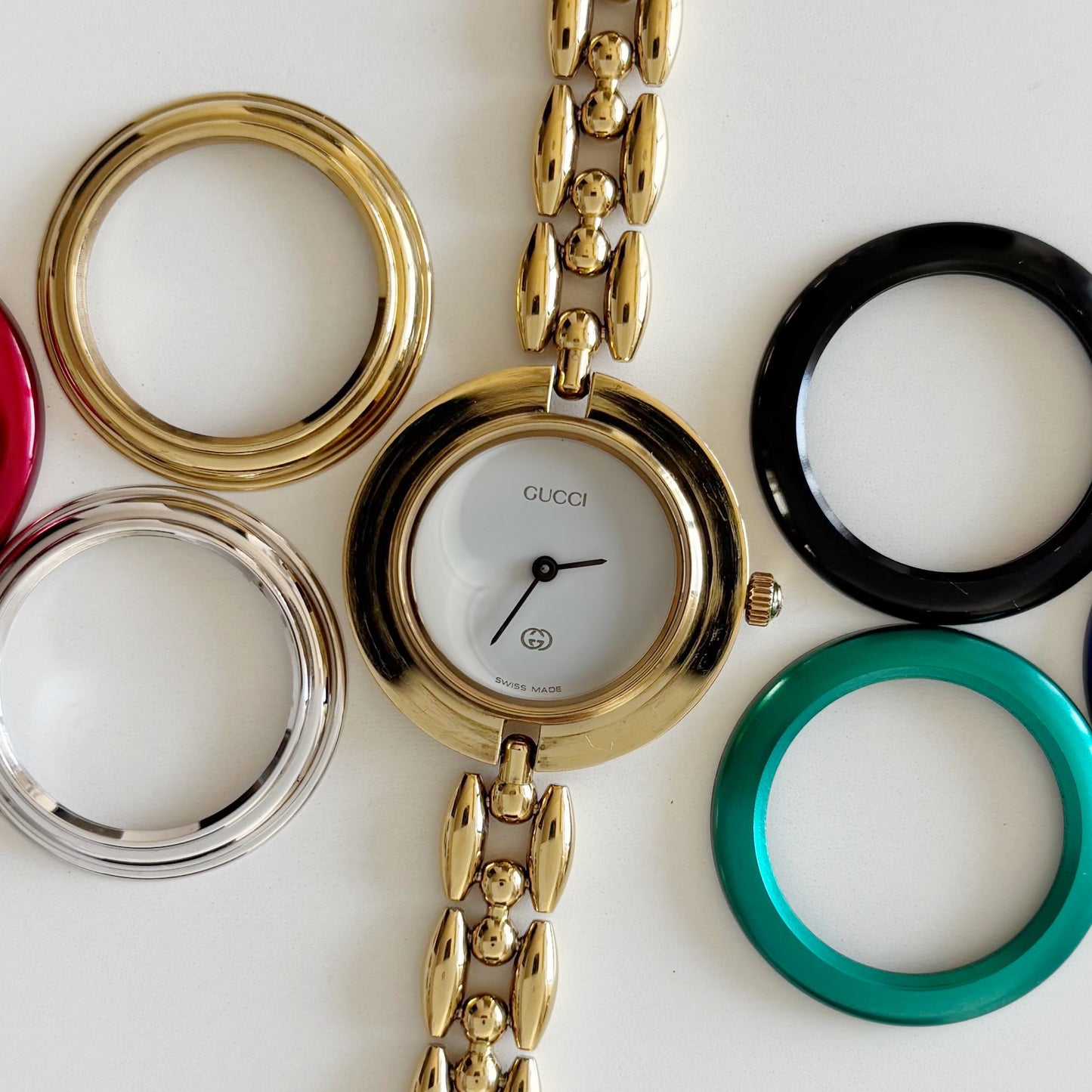 Gucci 1990s Interchangeable Bezel Gold Plated Watch with 6 bezels, case (167mm)