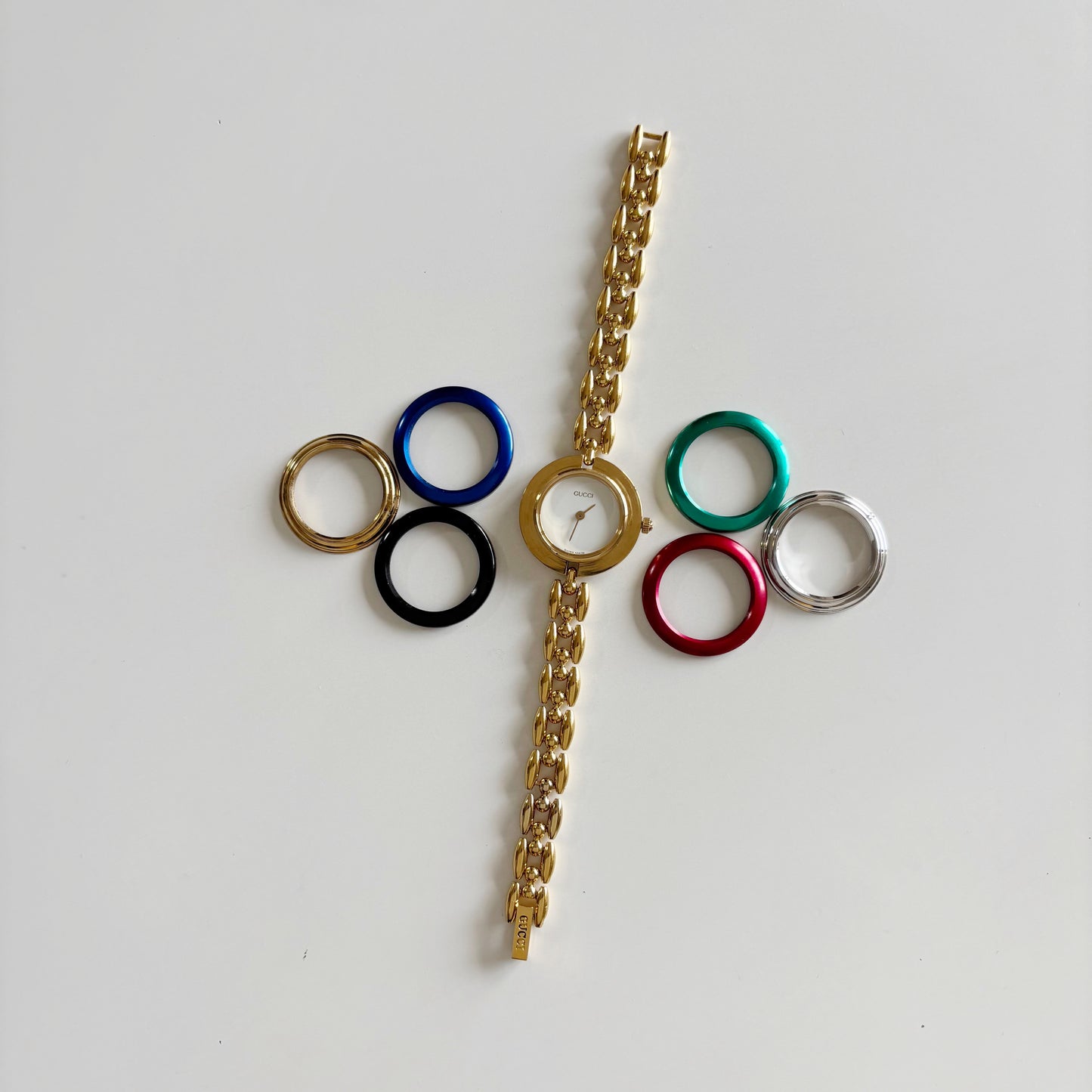 Gucci 1990s Interchangeable Bezel Gold Plated Rice Chain Watch with 6 bezels, case (160mm)