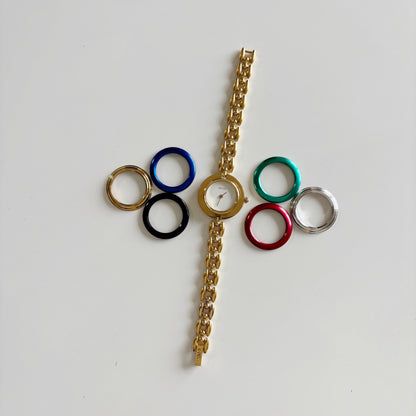 Gucci 1990s Interchangeable Bezel Gold Plated Rice Chain Watch with 6 bezels, case (160mm)