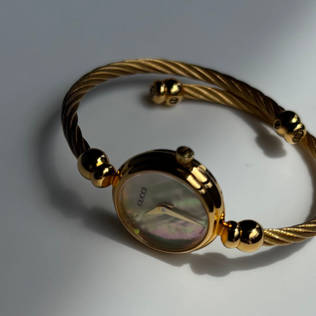 Gucci 1990s Seashell Dial Gold Plated Cable Bangle Watch